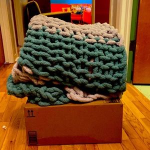 Grey and blue throw blanket hand knitted